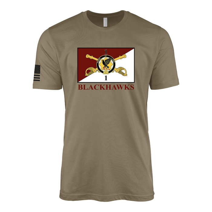 1-1 CAV "Blackhawks" Flag T-Shirt Tactically Acquired Coyote Brown Small Clean