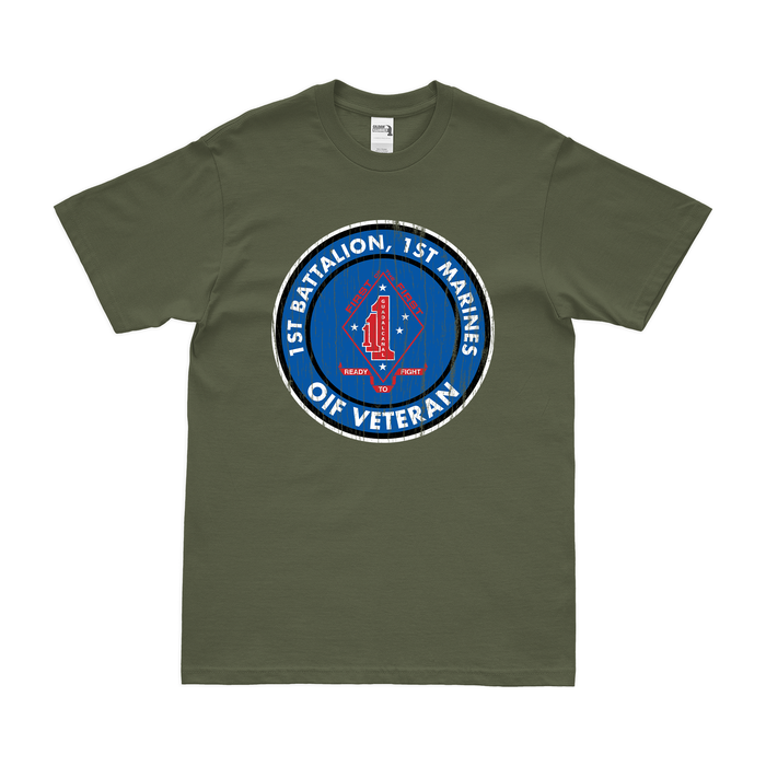 Distressed 1/1 Marines OIF Veteran Emblem T-Shirt Tactically Acquired Small Military Green 