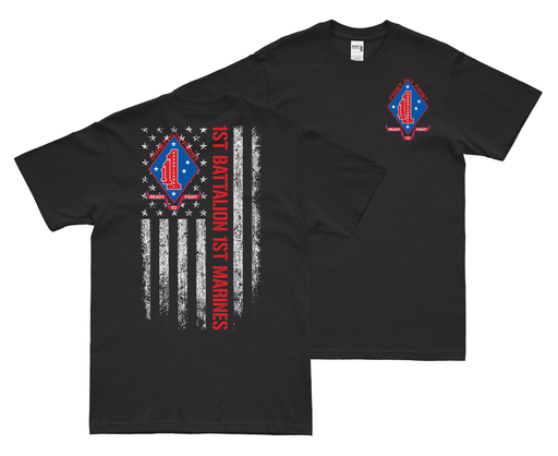 Double-Sided 1st Battalion, 1st Marines (1/1) American Flag T-Shirt Tactically Acquired Small Black 