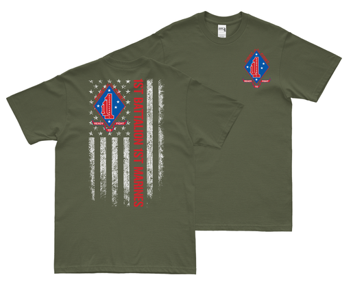 Double-Sided 1st Battalion, 1st Marines (1/1) American Flag T-Shirt Tactically Acquired Small Military Green 