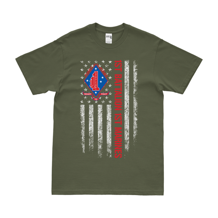 1st Battalion, 1st Marines (1/1 Marines) American Flag T-Shirt Tactically Acquired Small Military Green 