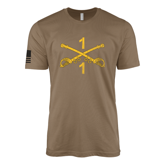 1-1 CAV "Blackhawks" Cavalry Sabers T-Shirt Tactically Acquired Woodland Brown Small Distressed