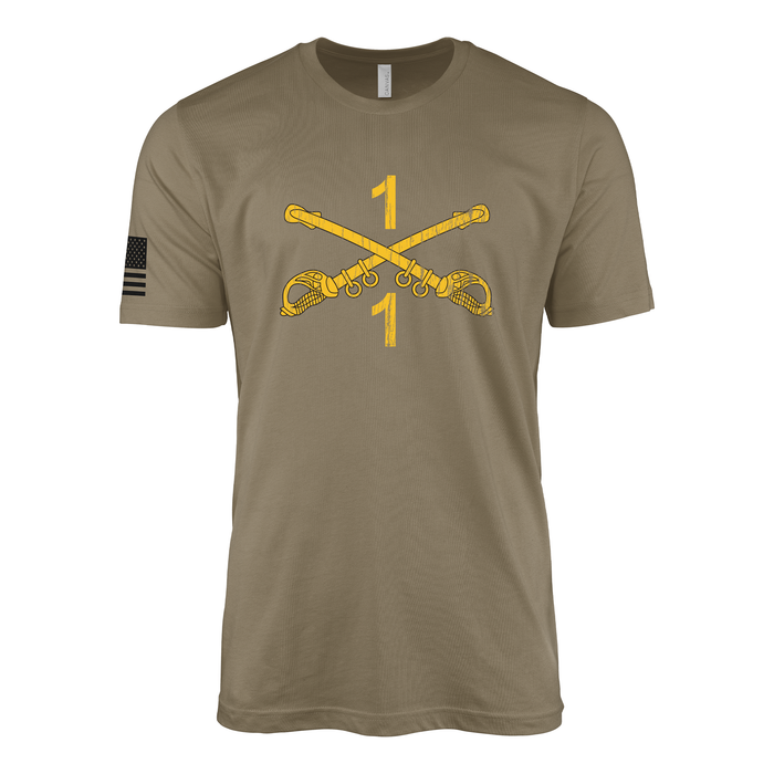 1-1 CAV "Blackhawks" Cavalry Sabers T-Shirt Tactically Acquired Coyote Brown Small Distressed