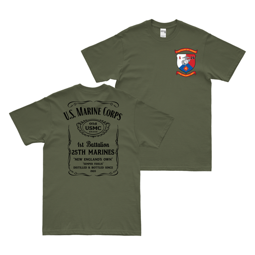 Double-Sided 1-25 Marines Whiskey Label T-Shirt Tactically Acquired Military Green Small 