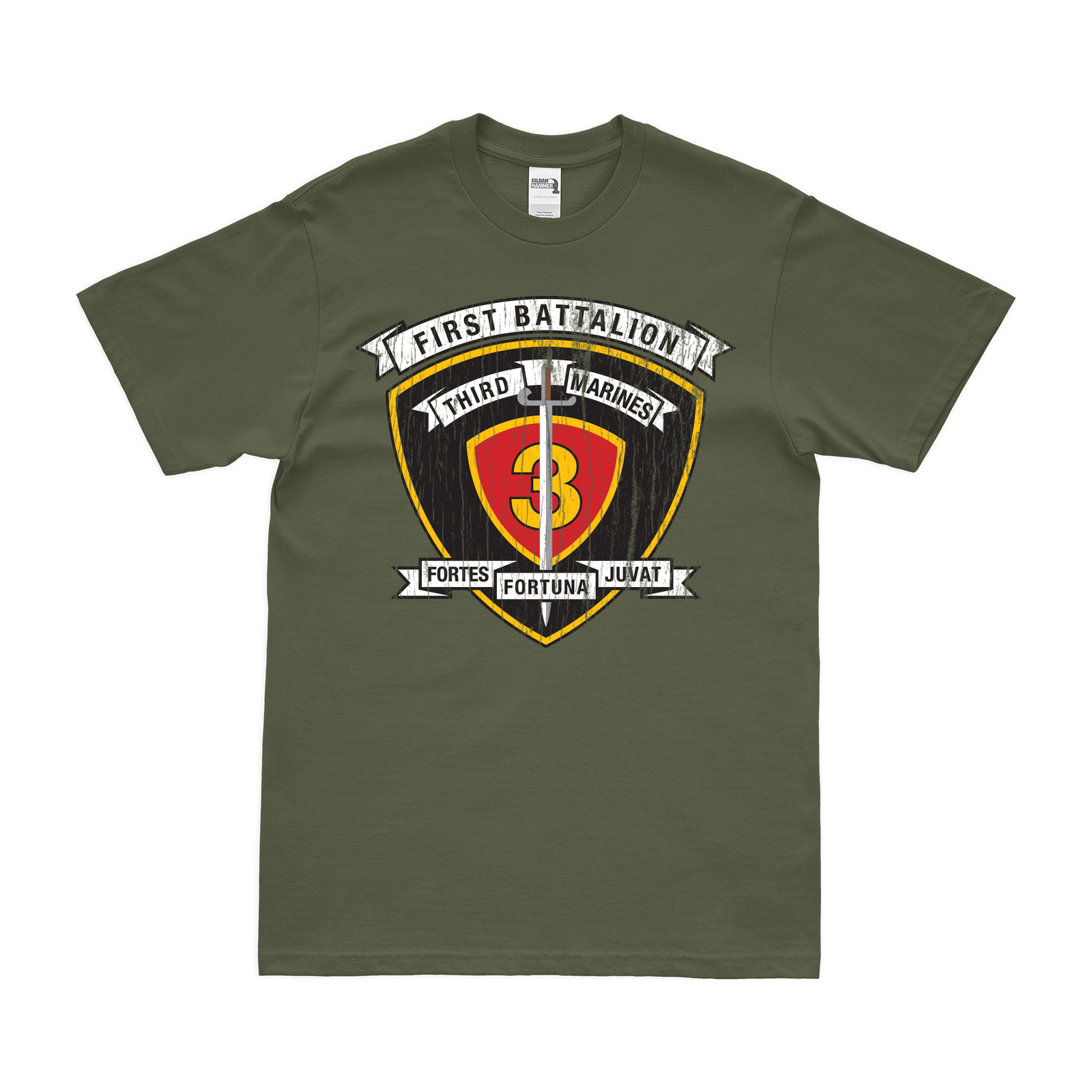 Distressed 1st Battalion, 3rd Marines (1/3 Marines) Logo T-Shirt Tactically Acquired Small Military Green 
