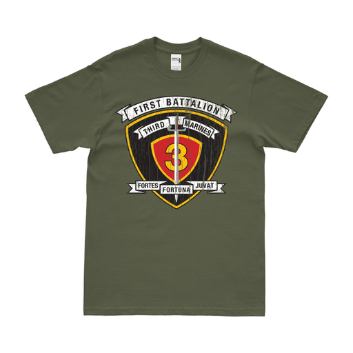 Distressed 1st Battalion, 3rd Marines (1/3 Marines) Logo T-Shirt Tactically Acquired Small Military Green 