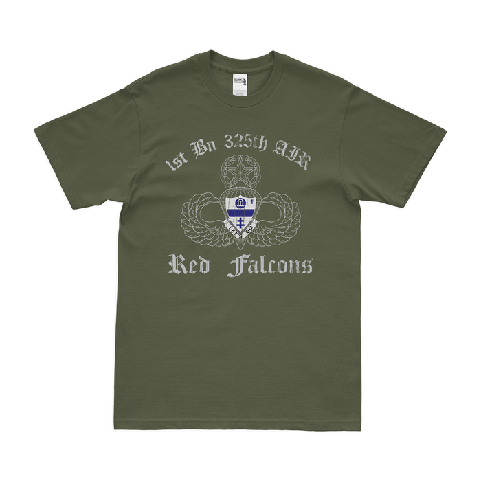 1-325 Airborne Infantry 'Red Falcons' Jump Wings T-Shirt Tactically Acquired Military Green Distressed Small