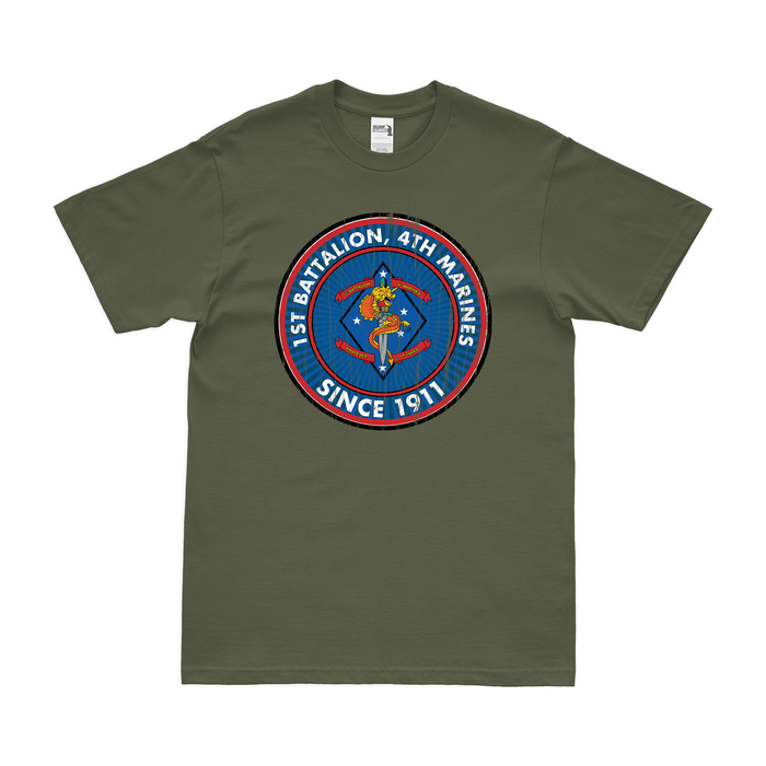 1st Bn 4th Marines (1/4 Marines) Since 1911 T-Shirt Tactically Acquired Small Distressed Military Green