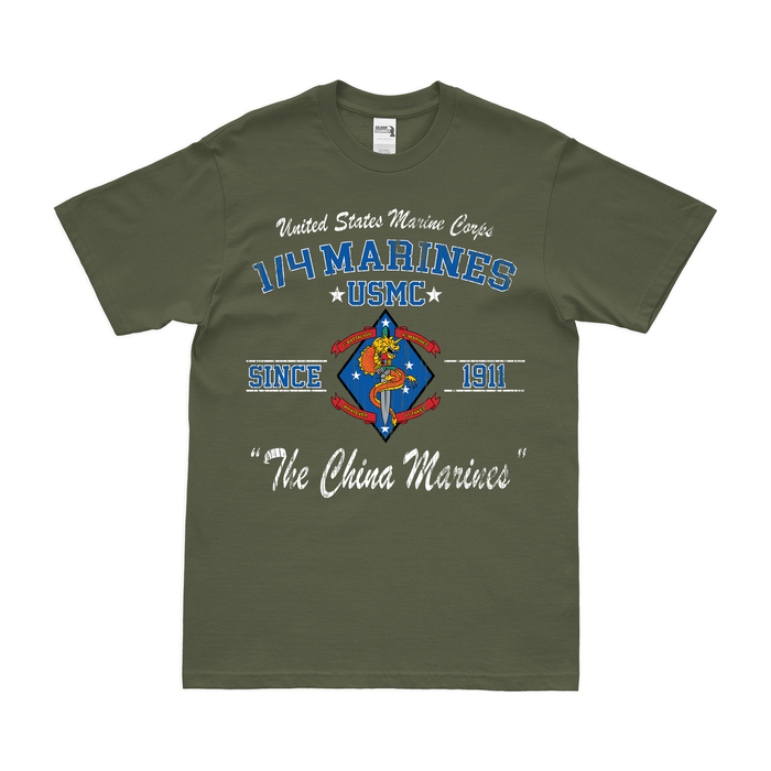 1st Battalion, 4th Marines (1/4 Marines) Since 1911 Legacy T-Shirt Tactically Acquired Small Distressed Military Green