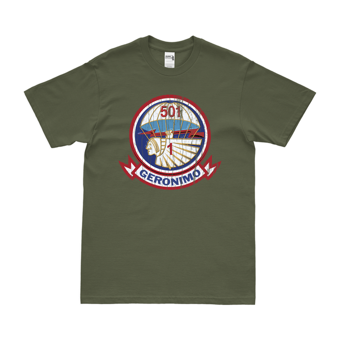 1-501 Parachute Infantry Regiment Logo T-Shirt Tactically Acquired Military Green Distressed Small