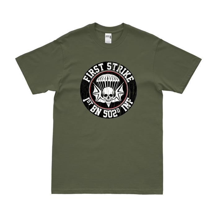 1-502nd Infantry Regiment "First Strike" Logo T-Shirt Tactically Acquired Military Green Distressed Small