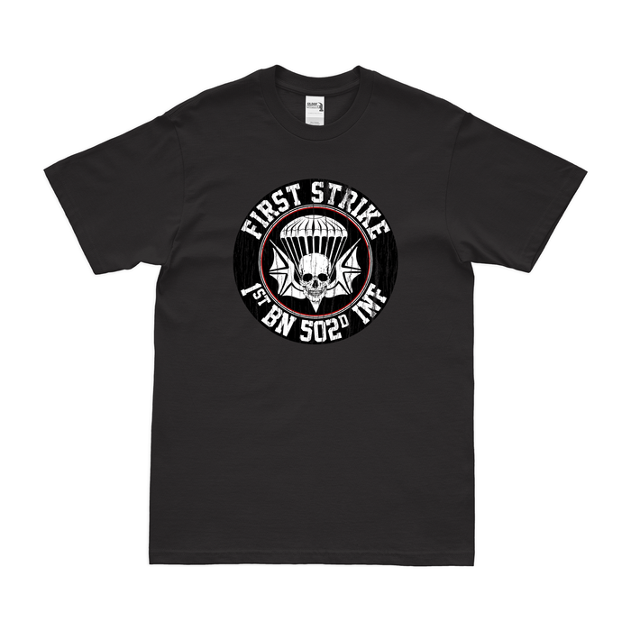 1-502nd Infantry Regiment "First Strike" Logo T-Shirt Tactically Acquired Black Distressed Small