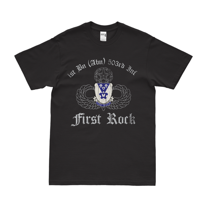 1-503rd Airborne Infantry "First Rock" T-Shirt Tactically Acquired Black Distressed Small