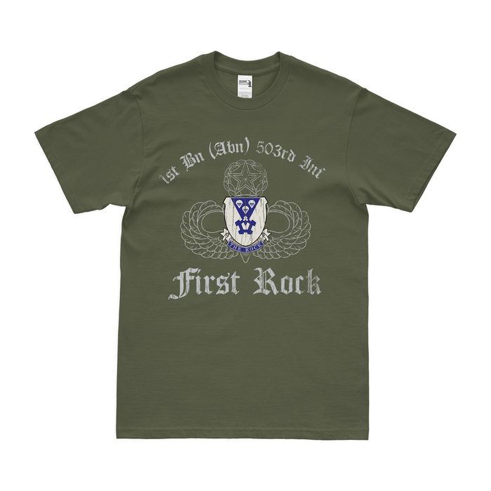 1-503rd Airborne Infantry "First Rock" T-Shirt Tactically Acquired Military Green Distressed Small