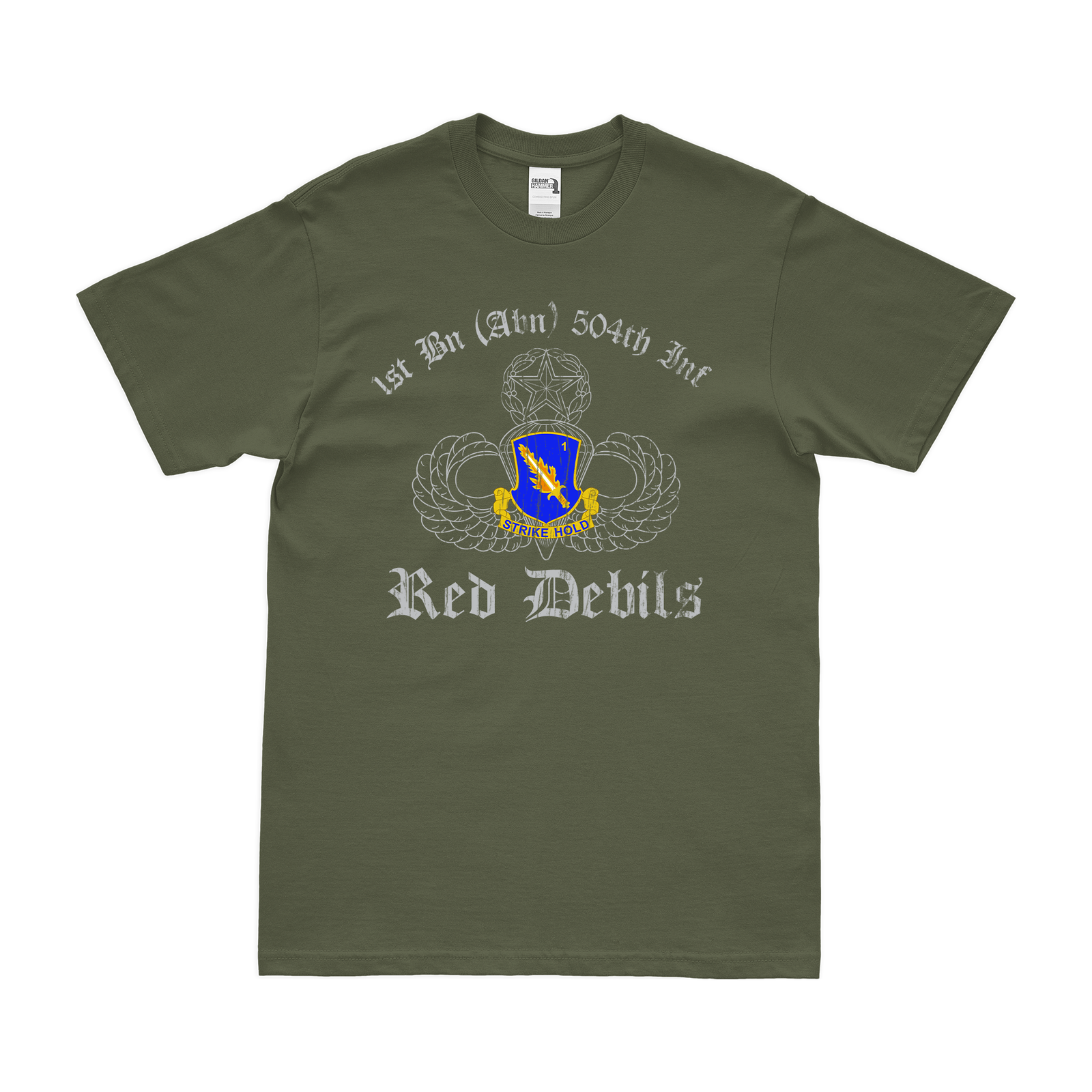 1-504 Infantry Regiment Airborne Jump Wings T-Shirt Tactically Acquired Military Green Distressed Small