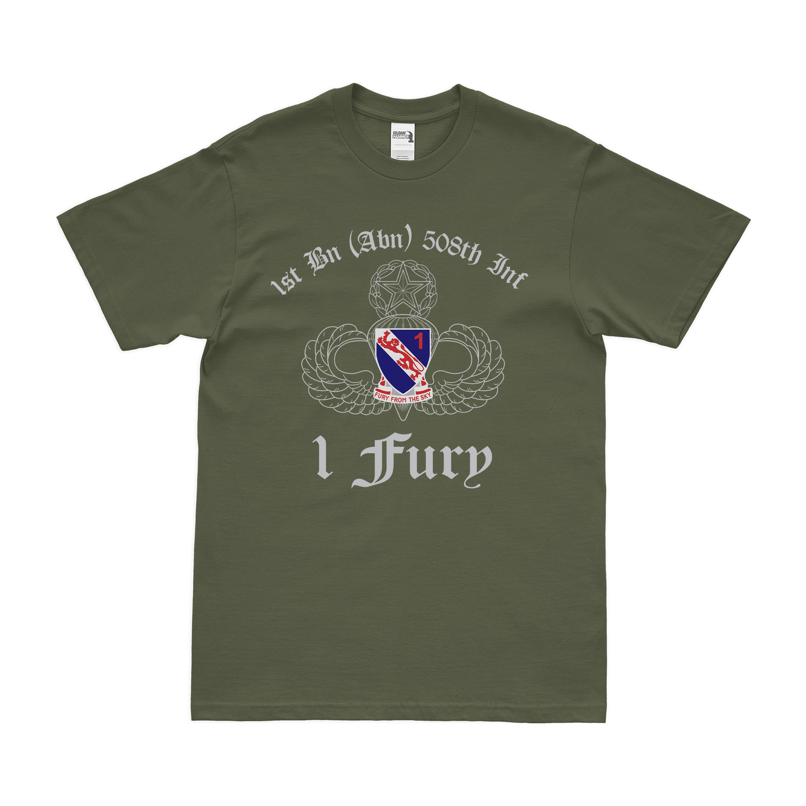 1-508 PIR '1 Fury' Airborne T-Shirt Tactically Acquired Military Green Clean Small