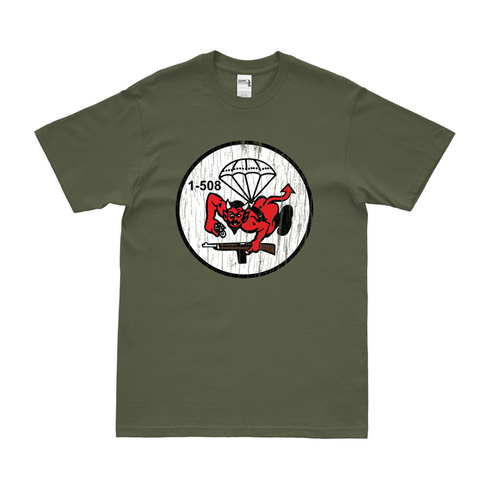1-508 PIR '1 Fury' Butt Devil Logo T-Shirt Tactically Acquired Military Green Distressed Small