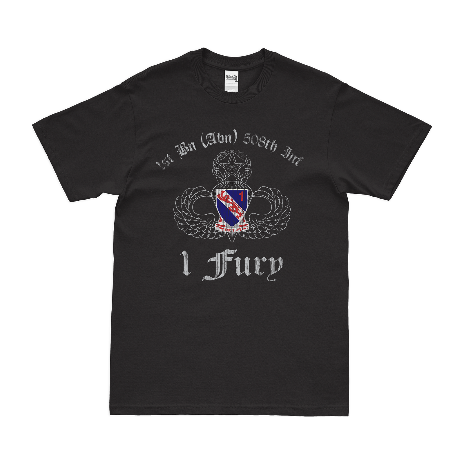 1-508 PIR '1 Fury' Airborne T-Shirt Tactically Acquired Black Distressed Small