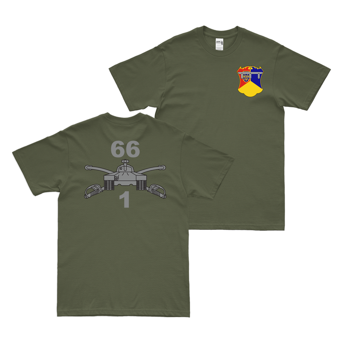 Double-Sided 1-66 Armor Regiment Branch Emblem T-Shirt Tactically Acquired Military Green Small 