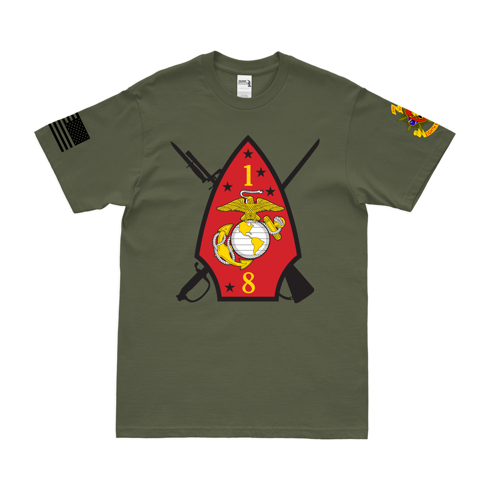 1st Battalion, 8th Marines (1/8 Marines) Emblem T-Shirt Tactically Acquired Military Green Small 