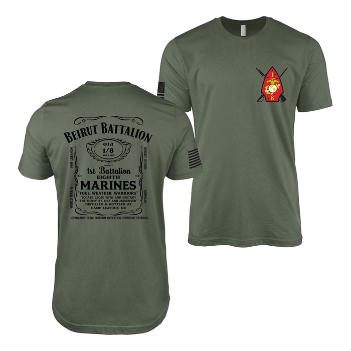 Double-Sided 1/8 Marines Whiskey Label T-Shirt Tactically Acquired Military Green Small