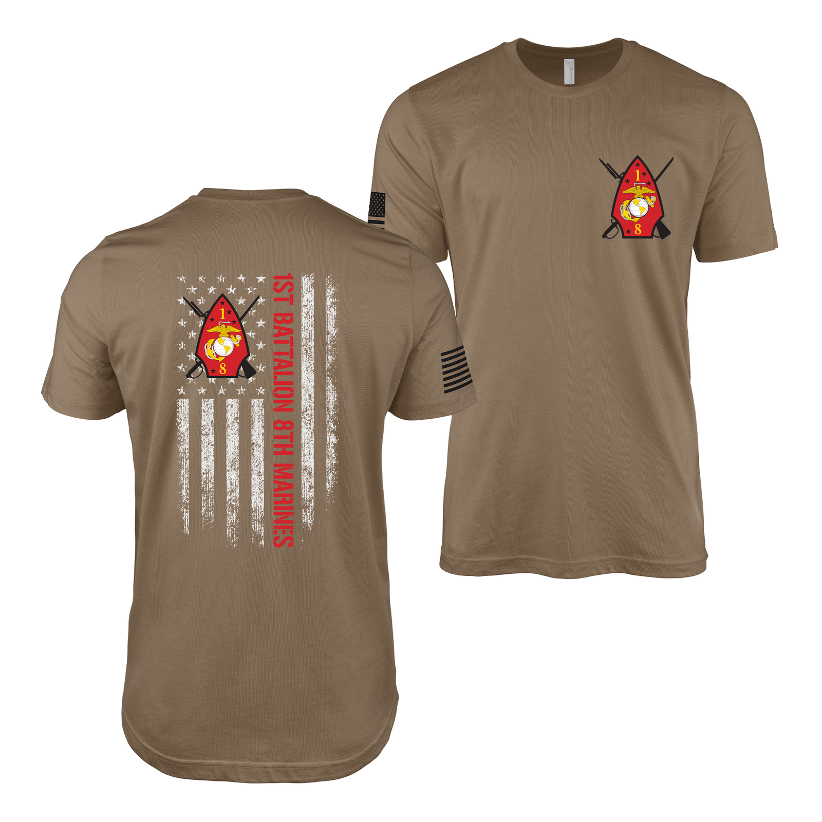 Double-Sided 1/8 Marines American Flag T-Shirt Tactically Acquired Woodland Brown Small