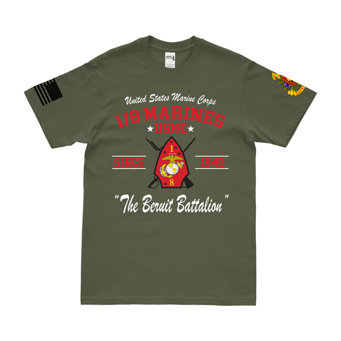 1st Battalion, 8th Marines (1/8) Since 1940 USMC Legacy T-Shirt Tactically Acquired Military Green Clean Small