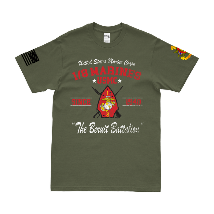 1st Battalion, 8th Marines (1/8) Since 1940 USMC Legacy T-Shirt Tactically Acquired Military Green Distressed Small