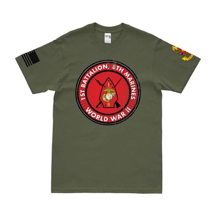 1st Bn 8th Marines (1/8 Marines) World War II T-Shirt Tactically Acquired Military Green Distressed Small