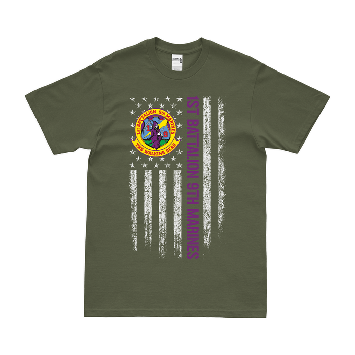 1st Bn 9th Marines (1/9 Marines) American Flag T-Shirt Tactically Acquired Small Military Green 