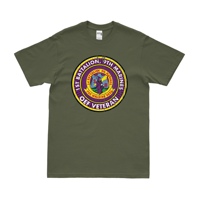 1st Bn 9th Marines (1/9 Marines) OEF Veteran T-Shirt Tactically Acquired Small Distressed Military Green