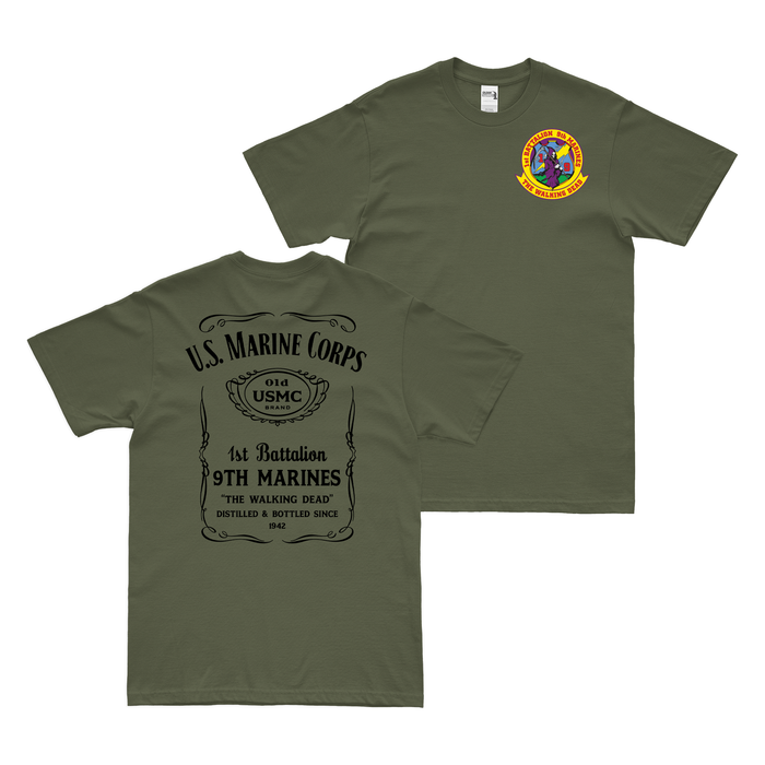Double-Sided 1/9 Marines Whiskey Label T-Shirt Tactically Acquired Small Military Green 