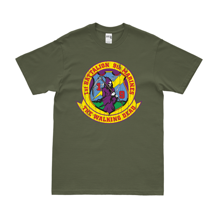 Distressed 1st Battalion, 9th Marines (1/9 Marines) Logo Emblem T-Shirt Tactically Acquired Small Military Green 