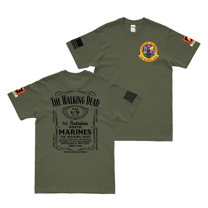 Double-Sided 1/9 Marines Whiskey Label T-Shirt Tactically Acquired Military Green Small 