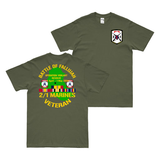 Double-Sided 2/1 Marines First Battle of Fallujah Veteran T-Shirt Tactically Acquired Military Green Small 