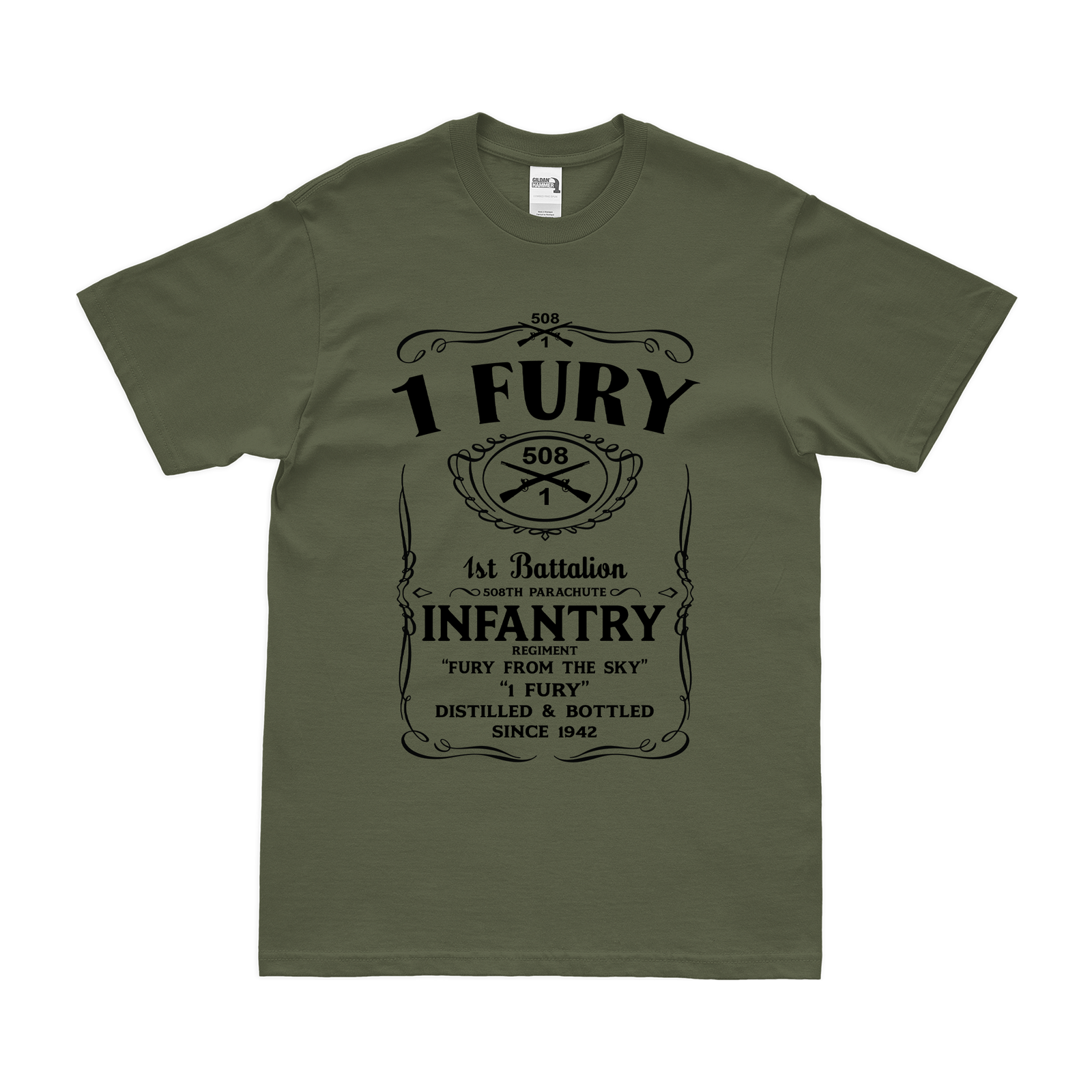 1-508 PIR '1 Fury' Whiskey Label T-Shirt Tactically Acquired Military Green Small 