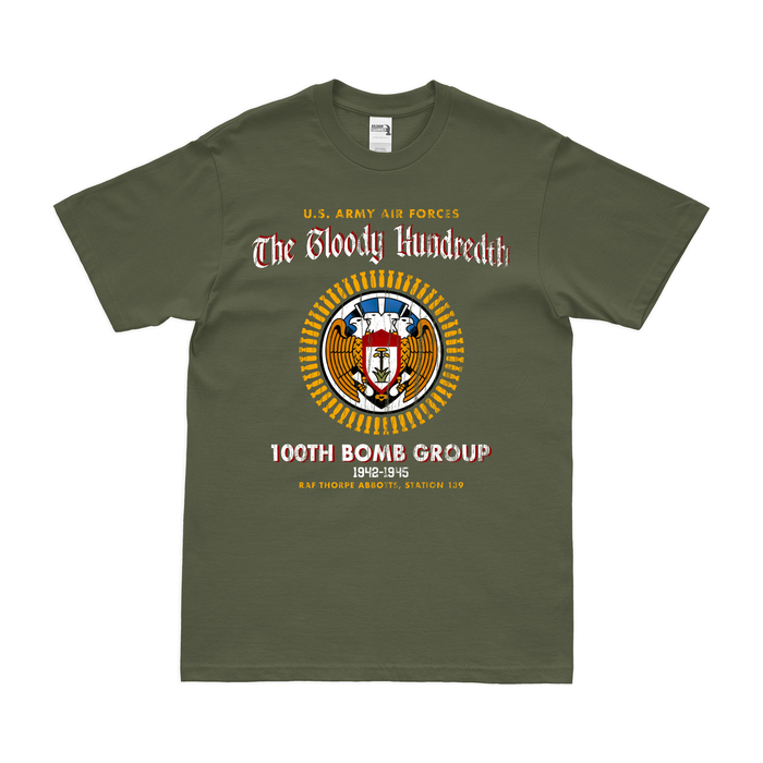 100th Bomb Group (Heavy) WW2 Legacy T-Shirt Tactically Acquired Military Green Distressed Small