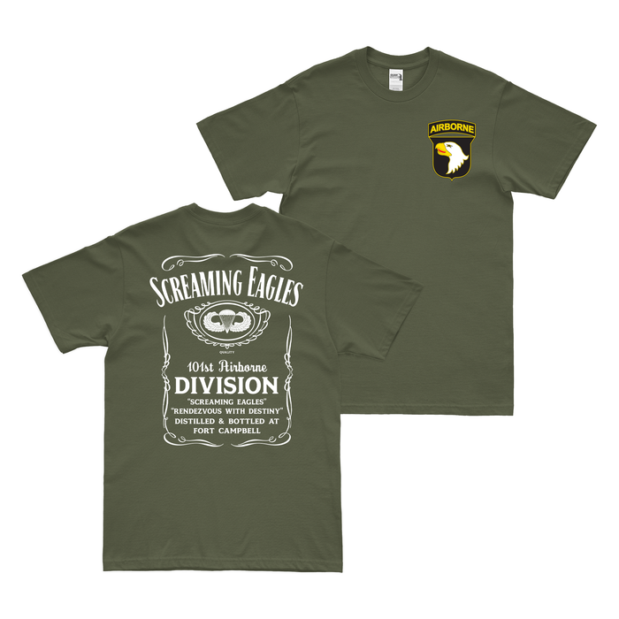 Double-Sided 101st Airborne Screaming Eagles Whiskey Label T-Shirt Tactically Acquired Military Green Small 