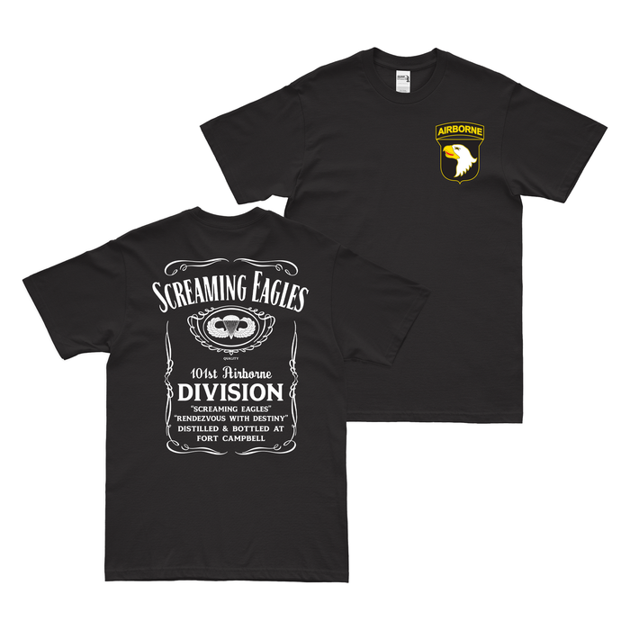 Double-Sided 101st Airborne Screaming Eagles Whiskey Label T-Shirt Tactically Acquired Black Small 