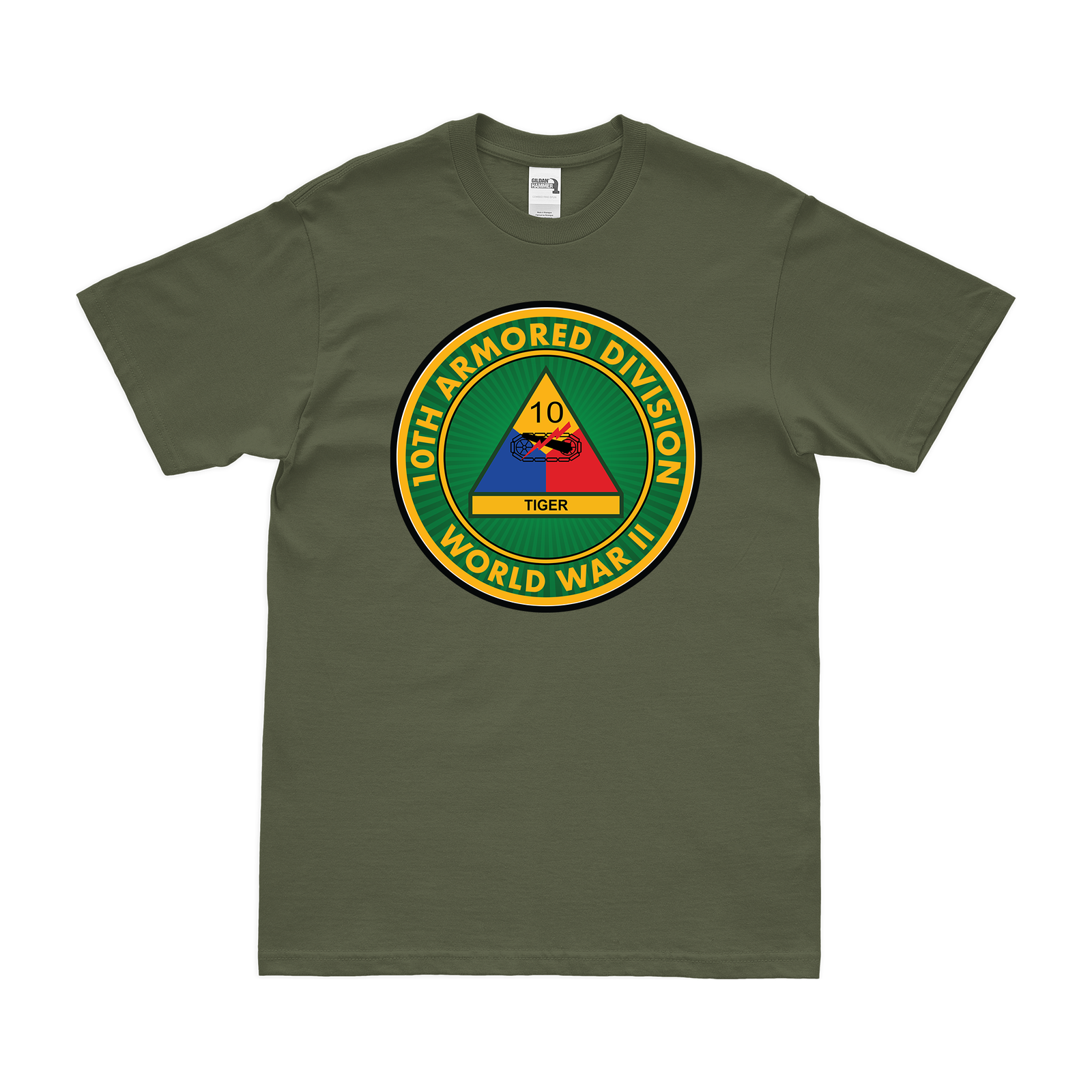 U.S. Army 10th Armored Division WW2 Emblem T-Shirt Tactically Acquired Military Green Small 