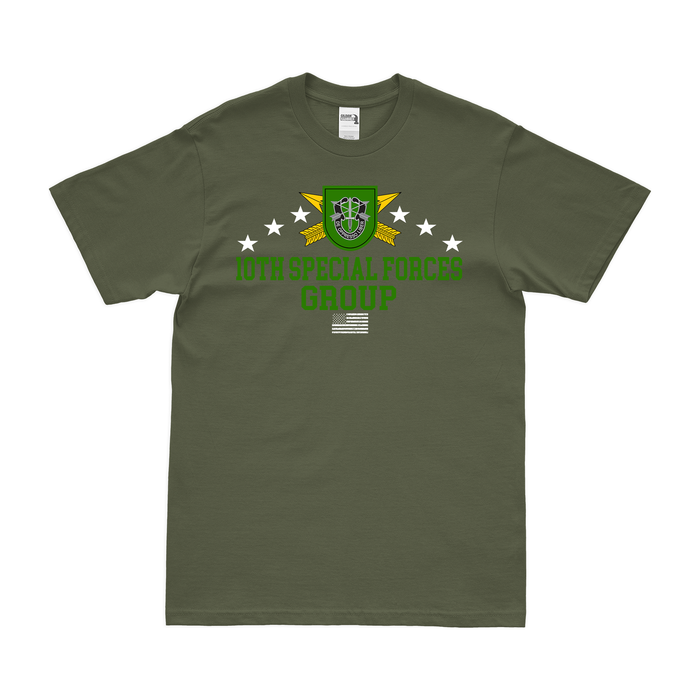 Patriotic 10th Special Forces Group (10th SFG) T-Shirt Tactically Acquired Military Green Clean Small