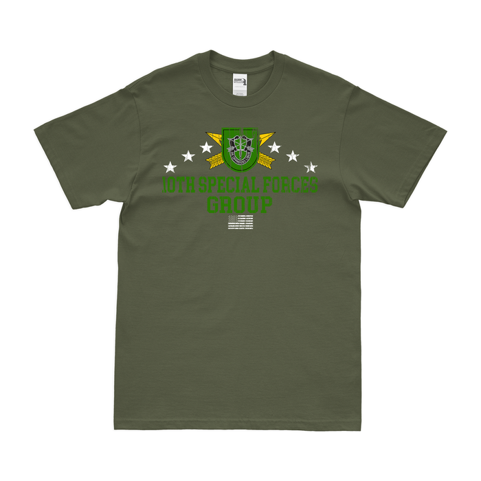 Patriotic 10th Special Forces Group (10th SFG) T-Shirt Tactically Acquired Military Green Distressed Small