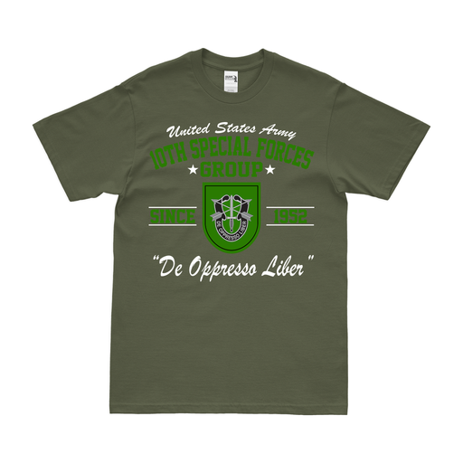 10th Special Forces Group (10th SFG) Since 1952 T-Shirt Tactically Acquired Military Green Clean Small