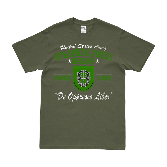 10th Special Forces Group (10th SFG) Since 1952 T-Shirt Tactically Acquired Military Green Distressed Small