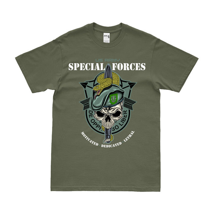 10th Special Forces Group (10th SFG) Snake Eaters Skull T-Shirt Tactically Acquired Small Military Green 