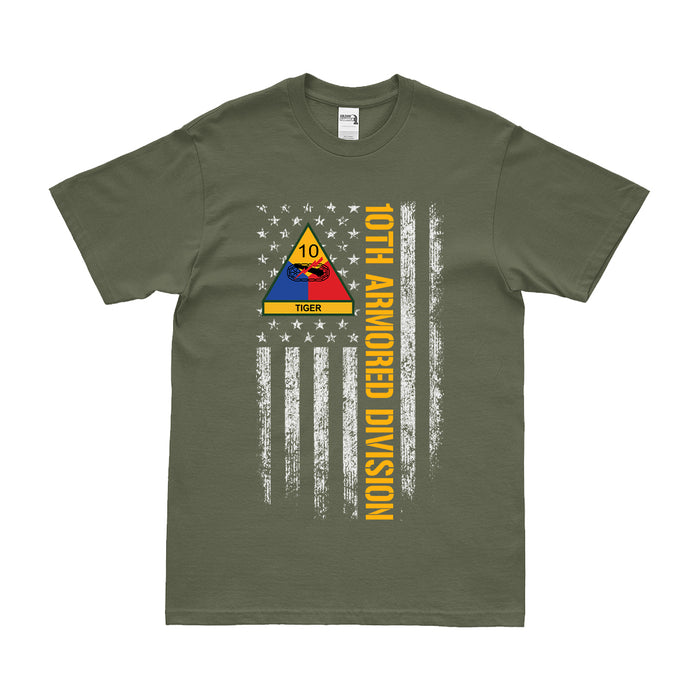 10th Armored Division "Tiger" American Flag Logo T-Shirt Tactically Acquired Small Military Green 