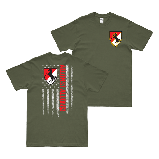 Double-Sided 11th ACR Allons! Allons! American Flag T-Shirt Tactically Acquired Military Green Small 