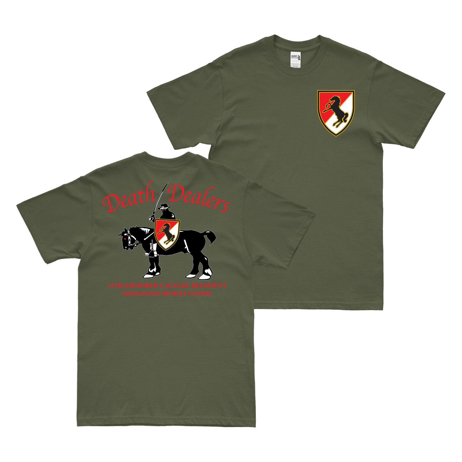 Double-Sided 11th ACR 'Death Dealers' T-Shirt Tactically Acquired Military Green Operation Desert Storm Small