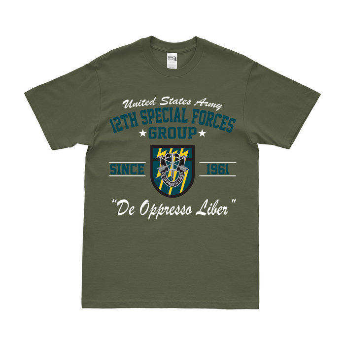 12th Special Forces Group (12th SFG) Since 1961 T-Shirt Tactically Acquired Military Green Clean Small