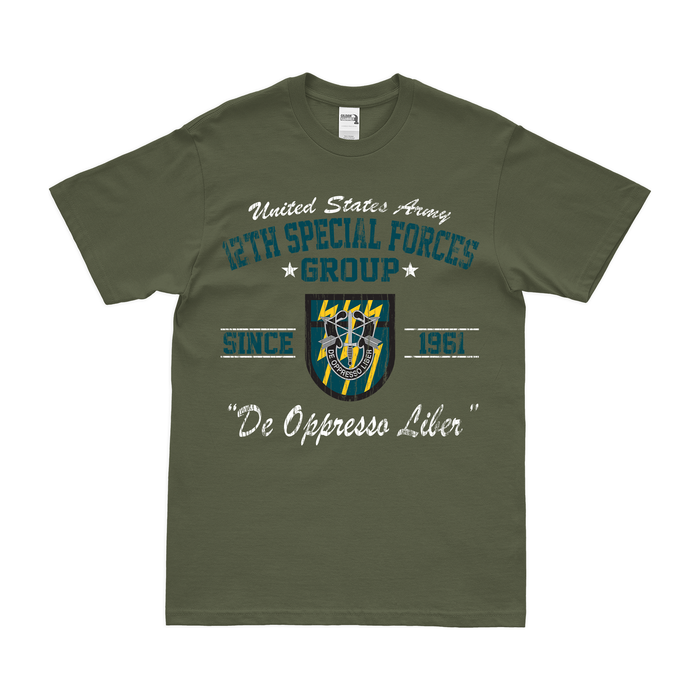 12th Special Forces Group (12th SFG) Since 1961 T-Shirt Tactically Acquired Military Green Distressed Small